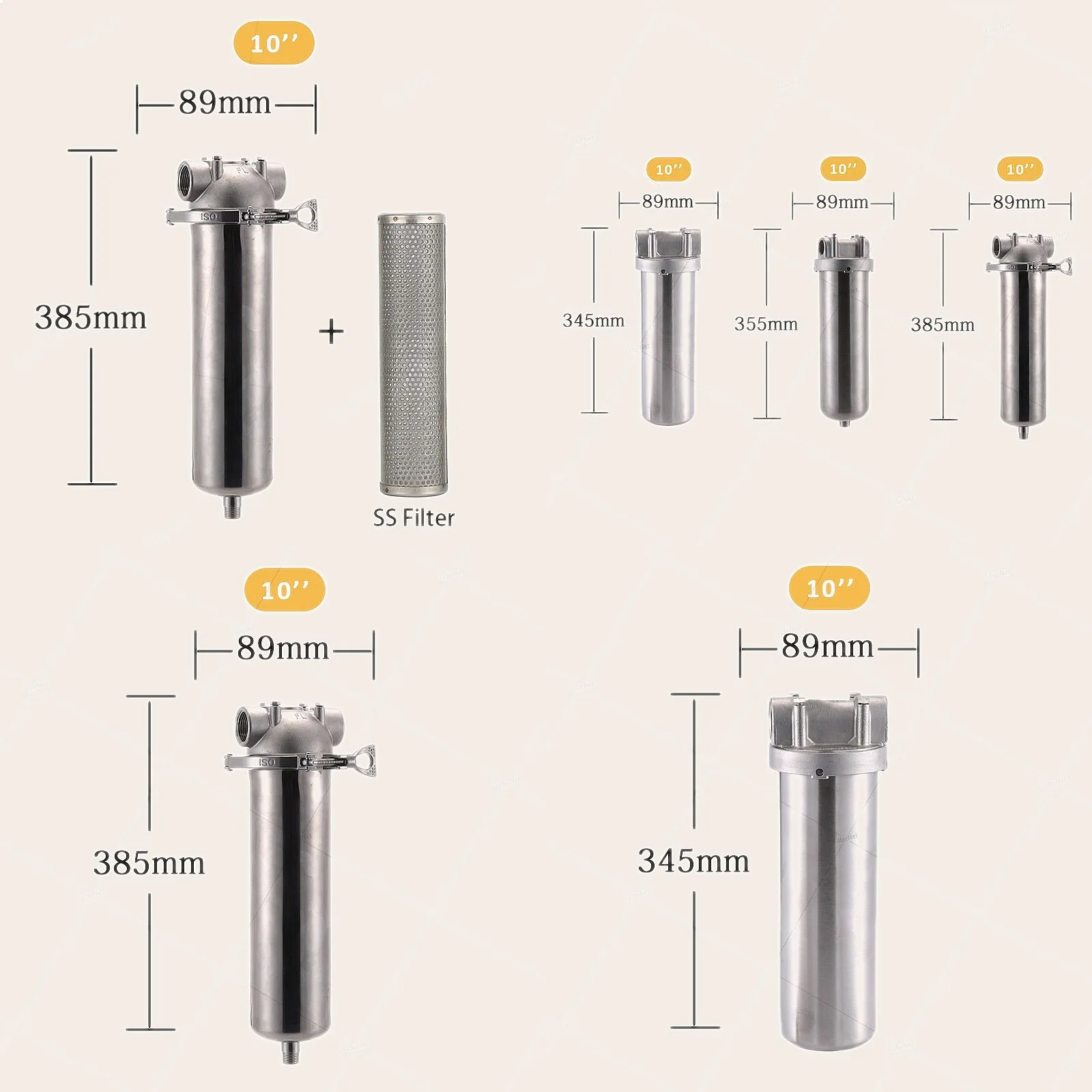 10x2.5 Inch 304 Stainless Steel Hot Water Filter Housing 1/2 3/4 1 Inch High Temperature High Flow