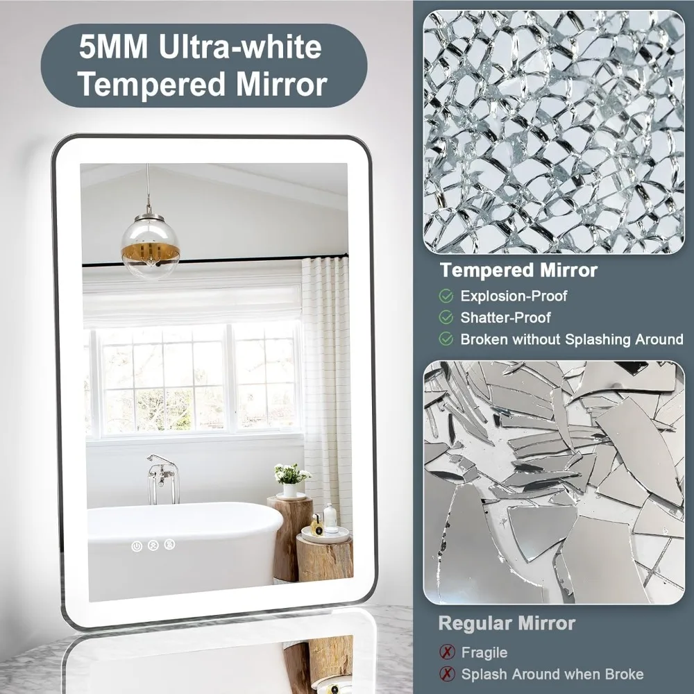 Espelho de banheiro LED regulável de 48 x 32 polegadas com iluminação frontal e traseira, bordas arredondadas, design sem moldura, três opções de cores e