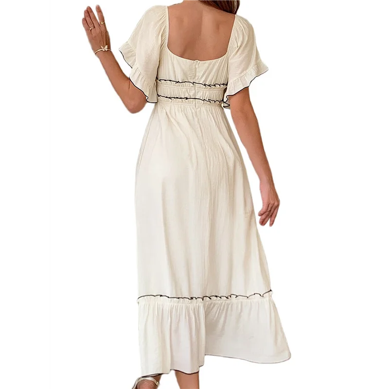Vestido midi de manga corta para mujer, cuello cuadrado, color en contraste, informal, Rick Rack, vestidos ahumados-A55G