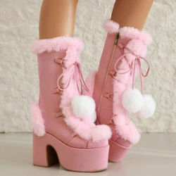 2024 New Winter Womens Snow Boots Thick-soled High-heeled Imitation Fur Ladies' Shoes Women's Plush Warm Non-slip Mid-calf Boots