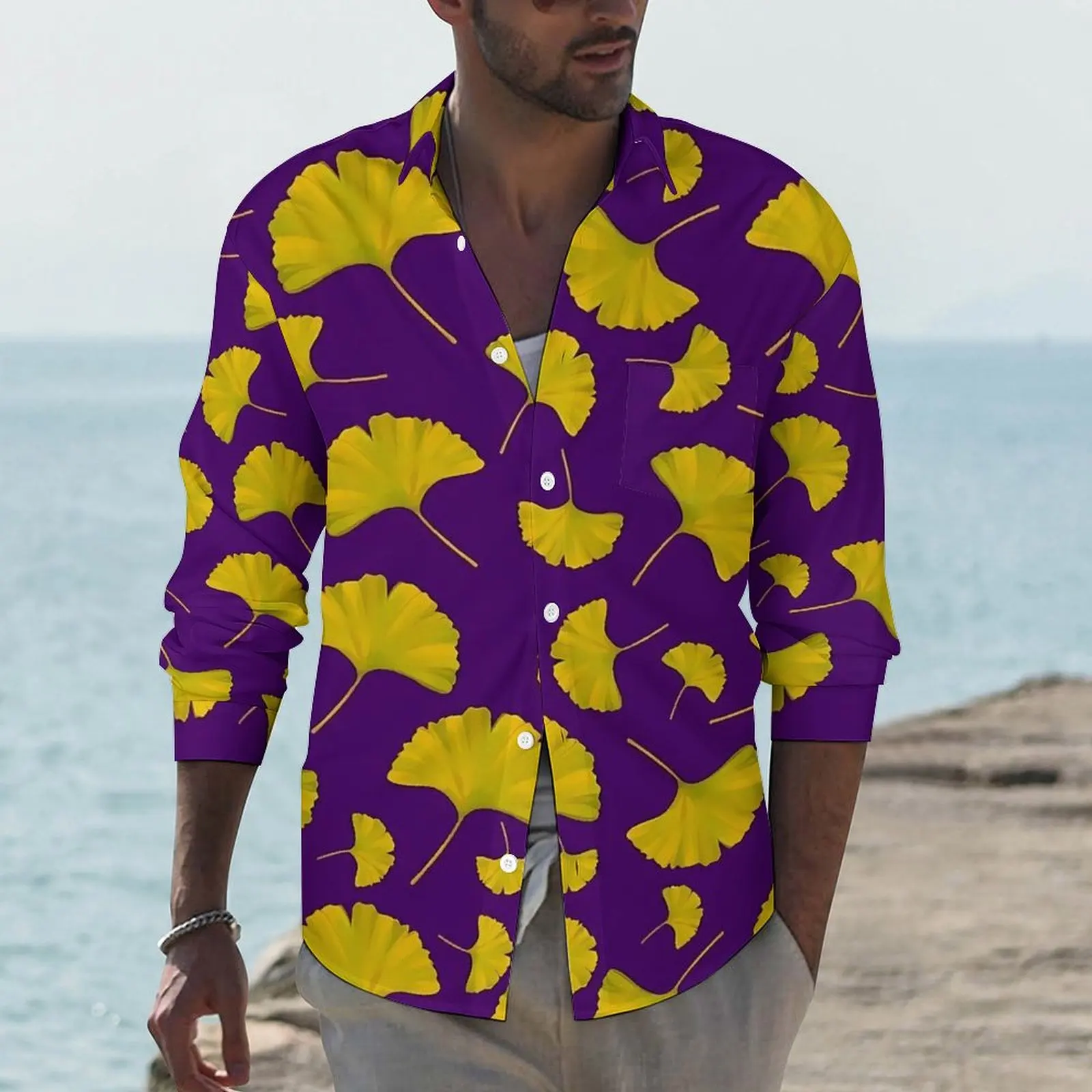 Ginkgo Biloba Print Casual Shirts Mens Yellow And Purple Shirt Long Sleeve Novelty Stylish Blouses Autumn Design Clothes 3XL 4XL