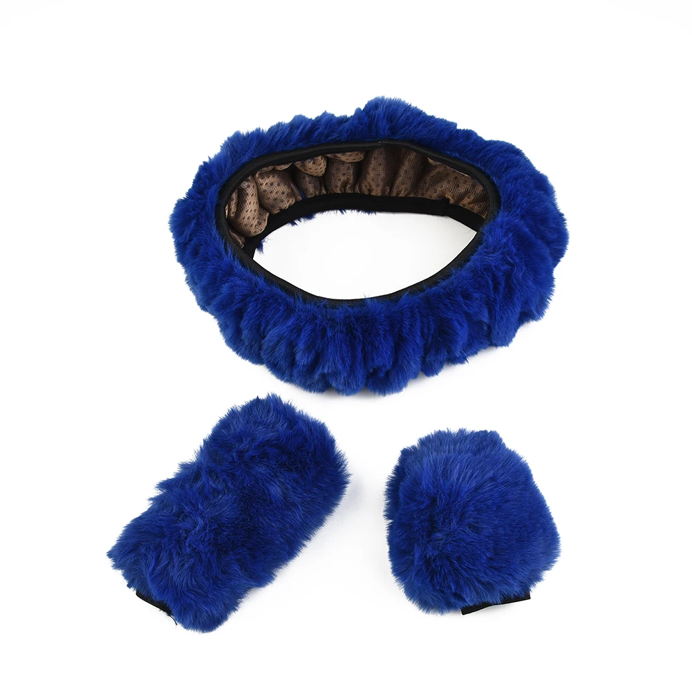 Thick Steering Wheel Cover 3pcs Set Soft Touch Faux Wool for Winter Warmth Compatible with 38cm Steering Wheel Size