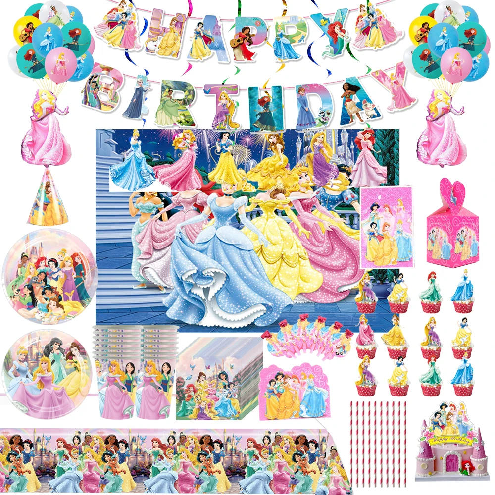 Disney Six Princess Girls Birthday Party Decor Balloon Cartoon Ariel Snow White Tableware Plate Gift Bag Festival Party Supplies