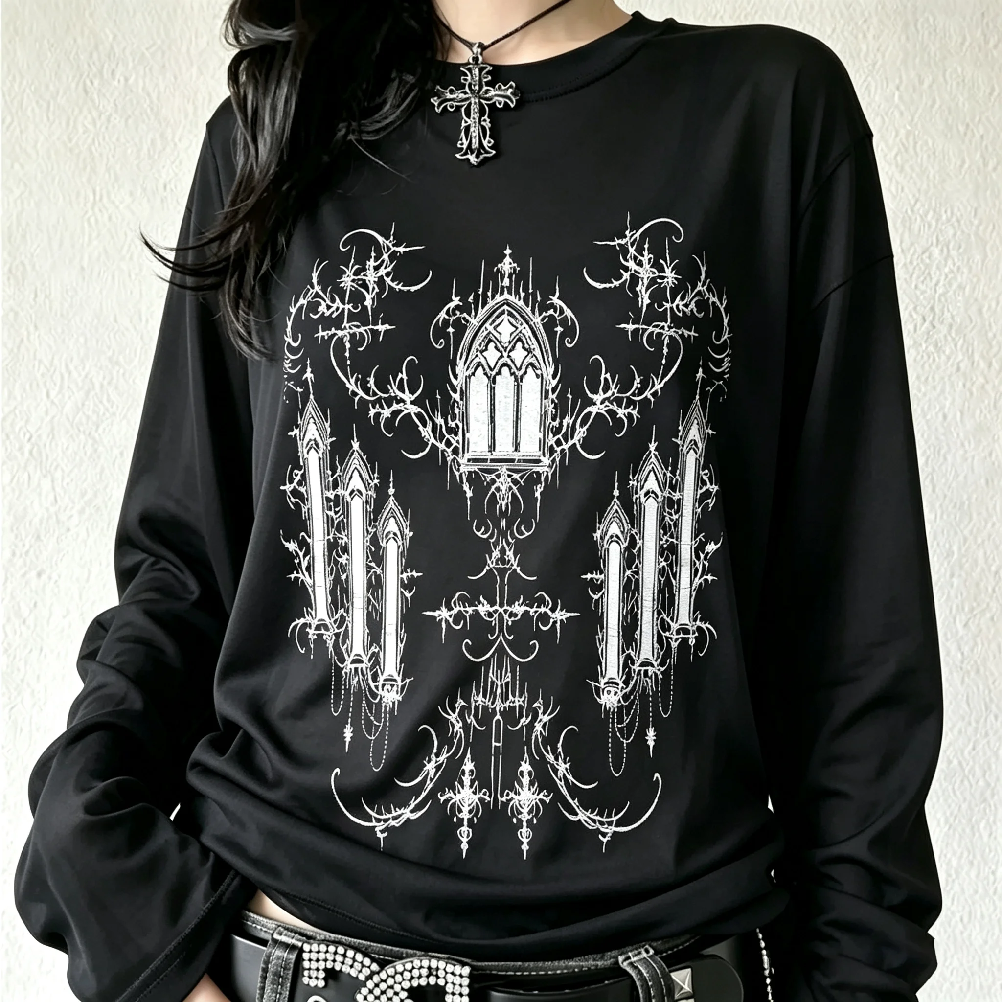 Women Gothic Long Sleeve T‑Shirt Cathedral Window Thorn Print Crewneck Loose Punk Streetwear Black Tee Autumn Winter Daily Top