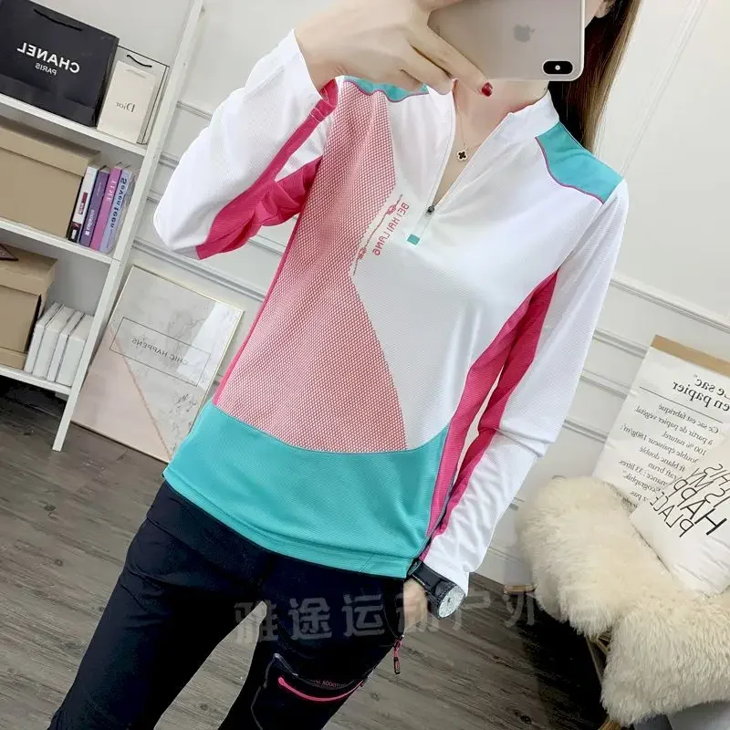 Women's Running T-shirt Long-sleeved Slim Stretch Sports Color-matching Mountaineering Quick-drying Outdoor Clothes Breathable