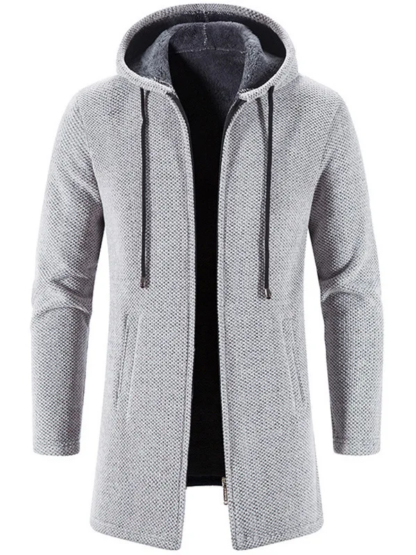 

Pure Color Fitted Hooded Knitted Jaet Men's Zipper Casual Sle Mid-Length Long Sve Thiened Outerwear for Youth