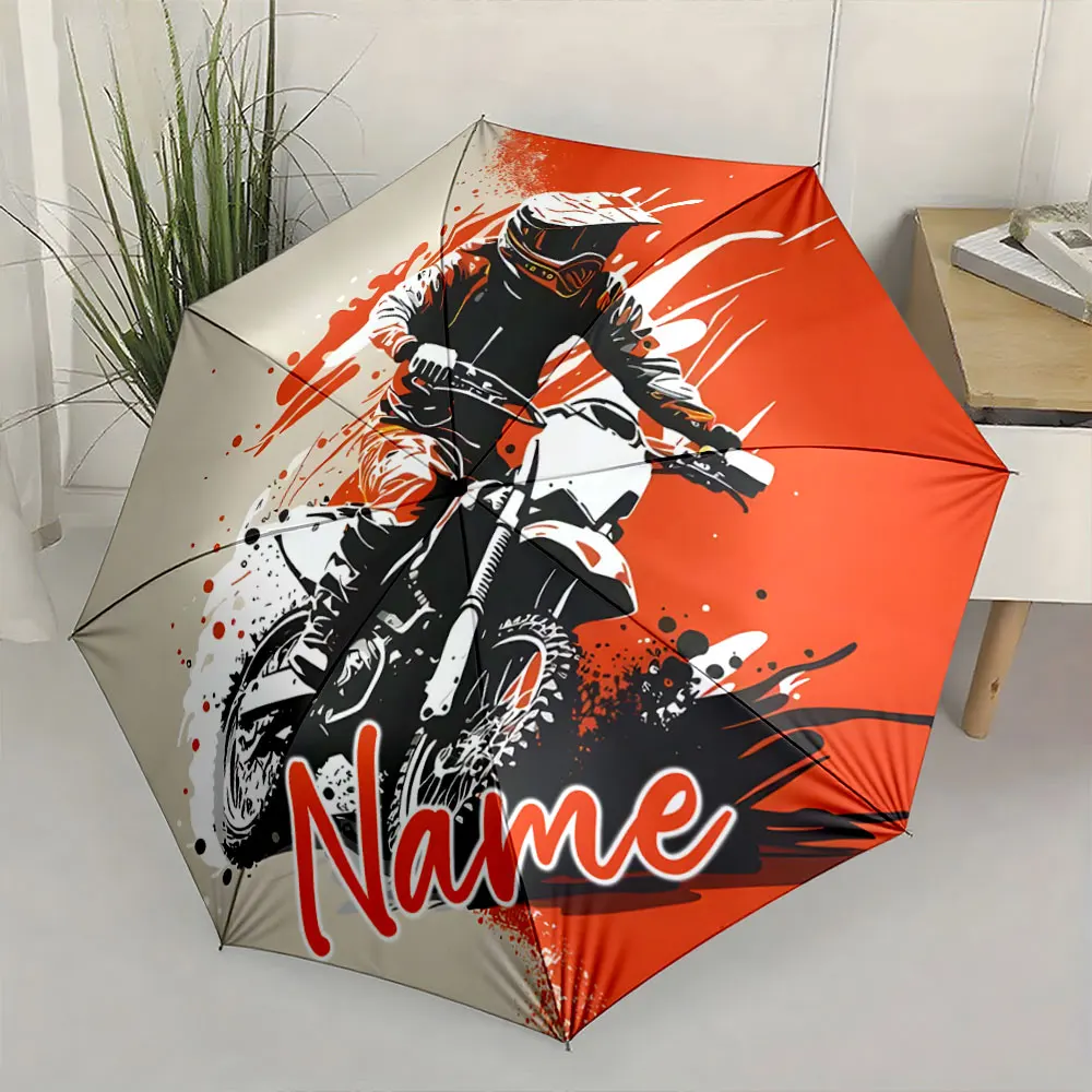 Custom Name Motorcycle Artwork on Stylish Umbrella Print 8 Iron Ribs Folding Umbrella, Auto-Open Fashion Sunshade