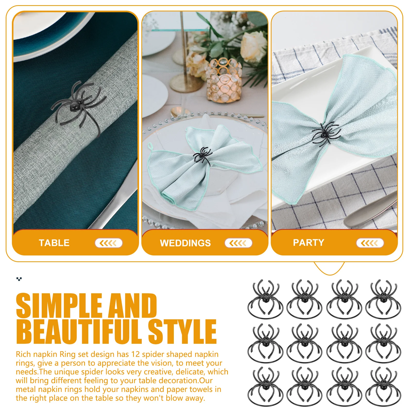 

12 Pcs Spider Ring Napkin Set Ghost Halloween Party Buckles Decoration Metal Holder