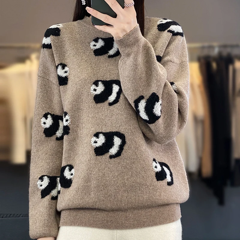 Autumn and Winter Female Cashmere Sweater O-neck Knit Bottom Sweater Cute National Treasure Panda Pullover Heavy Recommendation