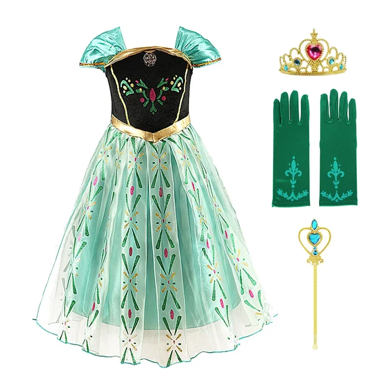 Princess Anna Green dress Snow Queen Elsa for Girls Costume with wig Crown Gloves Party Cosplay Kids Clothing