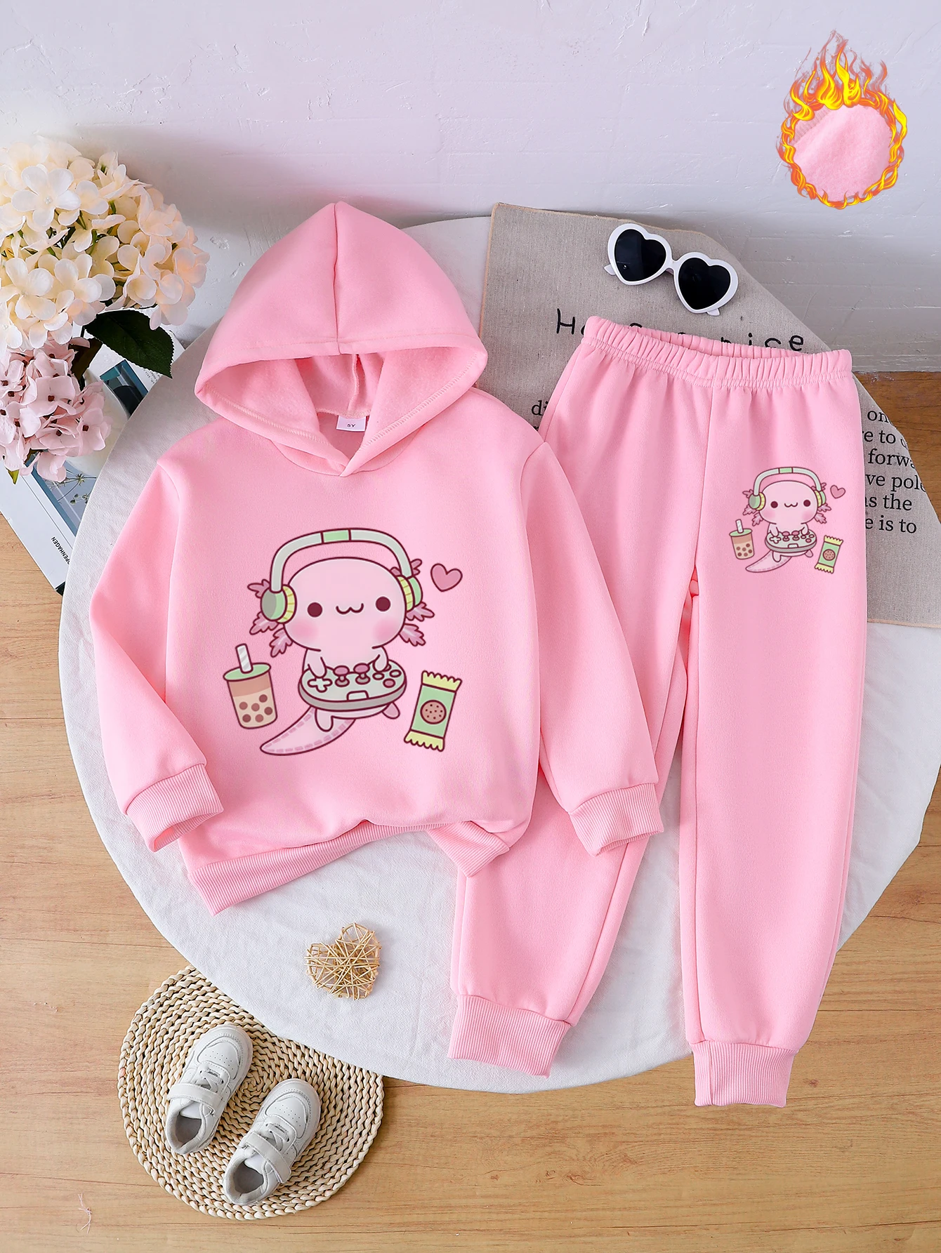 

Girls Fashion Hoodie with Sport Pants Set - Comfortable Polyester, Long Sleeve Cute Anime Pattern Print for You Gift for Kids