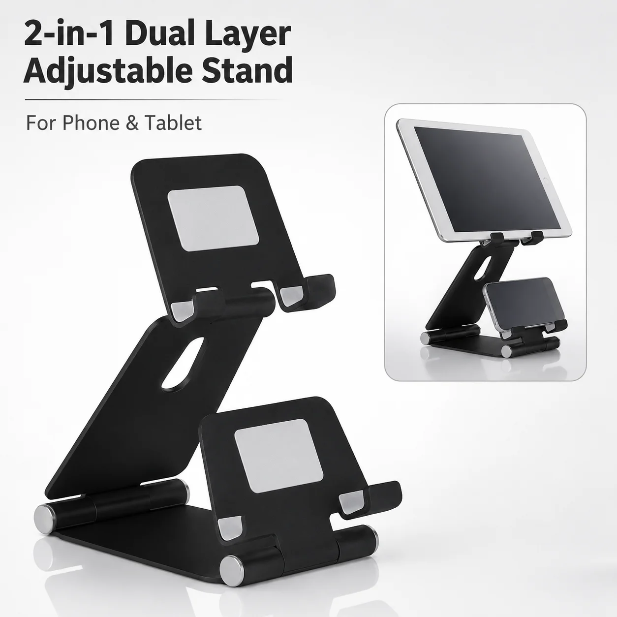 Adjustable 2 in 1 Tablet Phone Stand, Aluminum Foldable Holder for iPad iPhone Samsung, Desktop for Office Home Travel