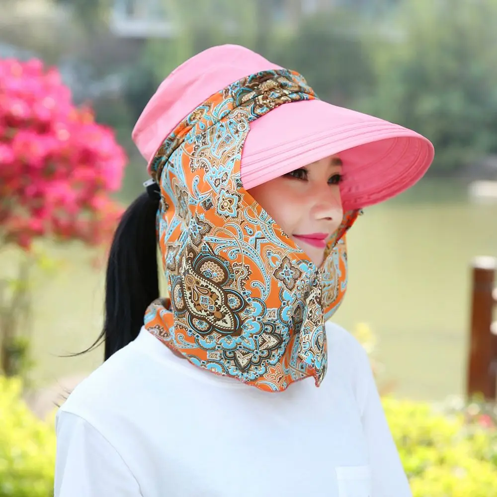 1Pcs Fashion Women Summer Outdoor Riding Anti-UV Sun Hat Beach Foldable Sunscreen Floral Print Caps Neck Face Wide Brim Hat