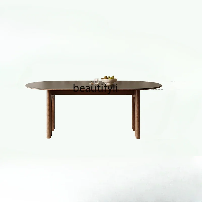 

French Style Mid-Ancient Dining Table Small Apartment Home Dining Table Solid Wood Oval Black Stone Plate Arch Dining Table