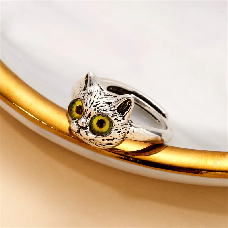 Cute Colorful Cat Eye Open Ring for Women Couple Silver Color Metal Adjustable Animal Jewelry Wedding Party Travel Finger Gift image 2