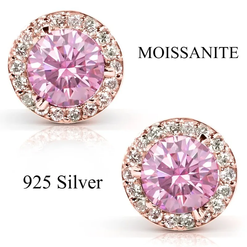 

Серьги-гвоздики из 100% муассанита 925 пробы, 6,5 мм, серьги-гвоздики с ореолом, розовое золото, украшения для ушей с розовым муассанитом GRA для женщин