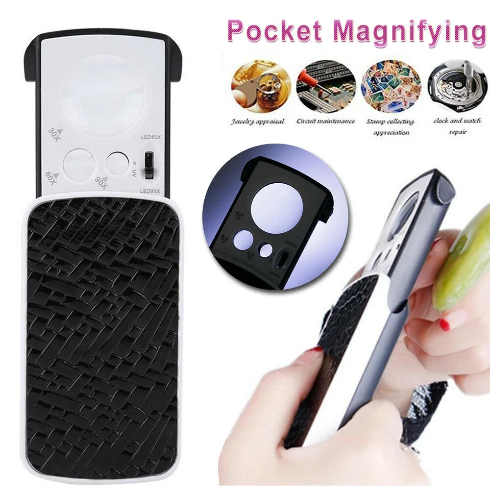 30X 60X 90X Pockets Magnifying Magnifier Jeweler Eye Glass Loupe Loop With Led Light 8.5X4.5X2CM Black