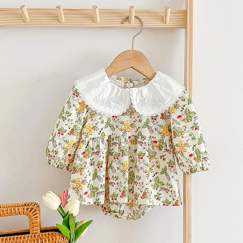 Autumn Girls Romper 0-24M Children Clothes Climbing Suit Long Sleeved Cotton Flower Print Toddler Baby Girl Romper Korean Style