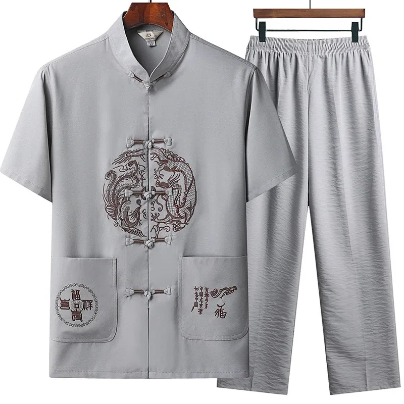 Chinese Traditional Retro Tang Suit Hanfu Embroidered Dragon Oversize Kung Fu Tai Chi Uniform Summer Short Sleeve Linen Outwear