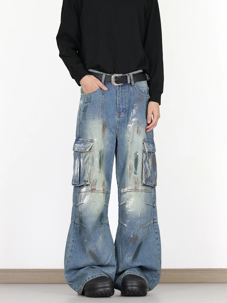 

BEEMN American Retro Graffiti Wide Leg Men's Jeans Loose Lazy Feeling Floor-Length Pants Casual Loose Fit Straight Tube Jeans