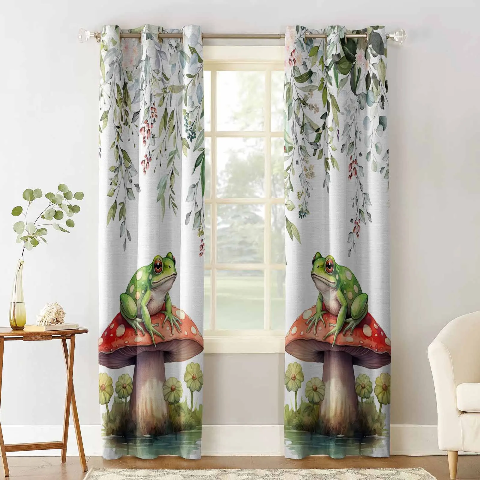 Frog Mushroom Flower Watercolor Window Curtains for Living Room Luxury Bedroom Decor Curtains Kitchen Balcony Drapes