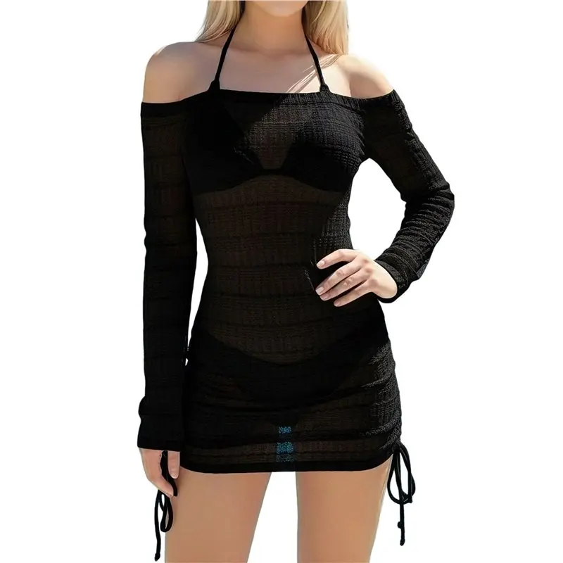 

CYL-Womens Hollow Out Off Shoulder Ruched Drawstring Coverups Halter Tringle Bikini 3 Piece Swimsuit