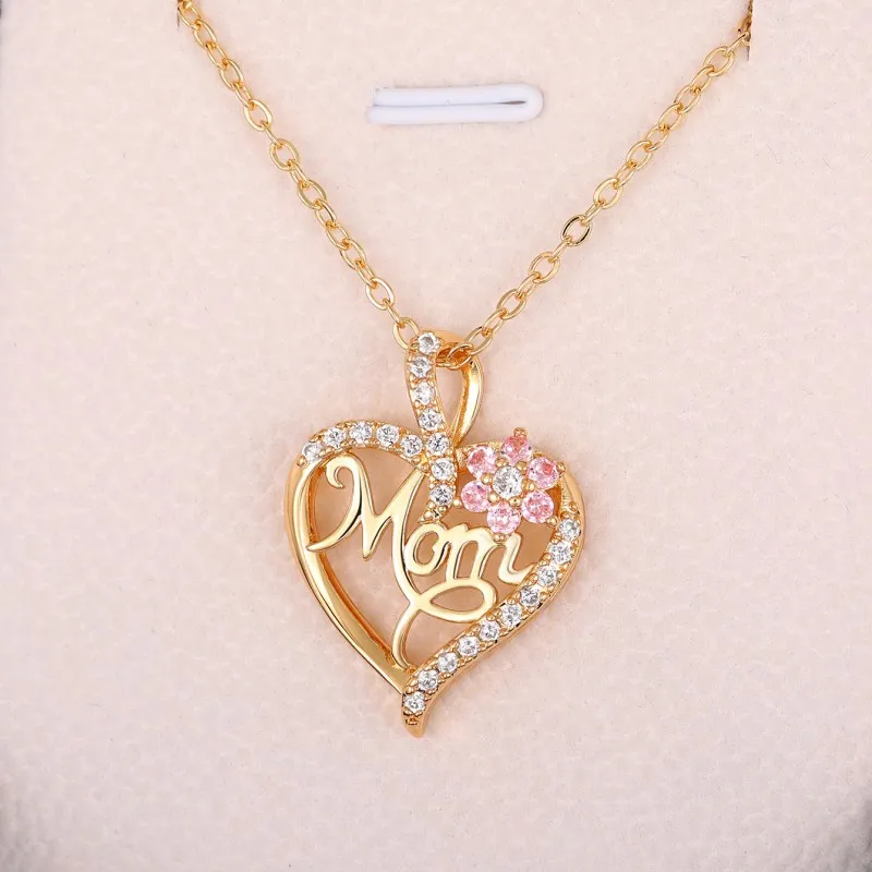 Huitan Mother\'s Day Necklace for Mom Luxury Trendy Craved Pendant Necklace Pink Flower Aesthetic Neck Accessories Love Jewelry