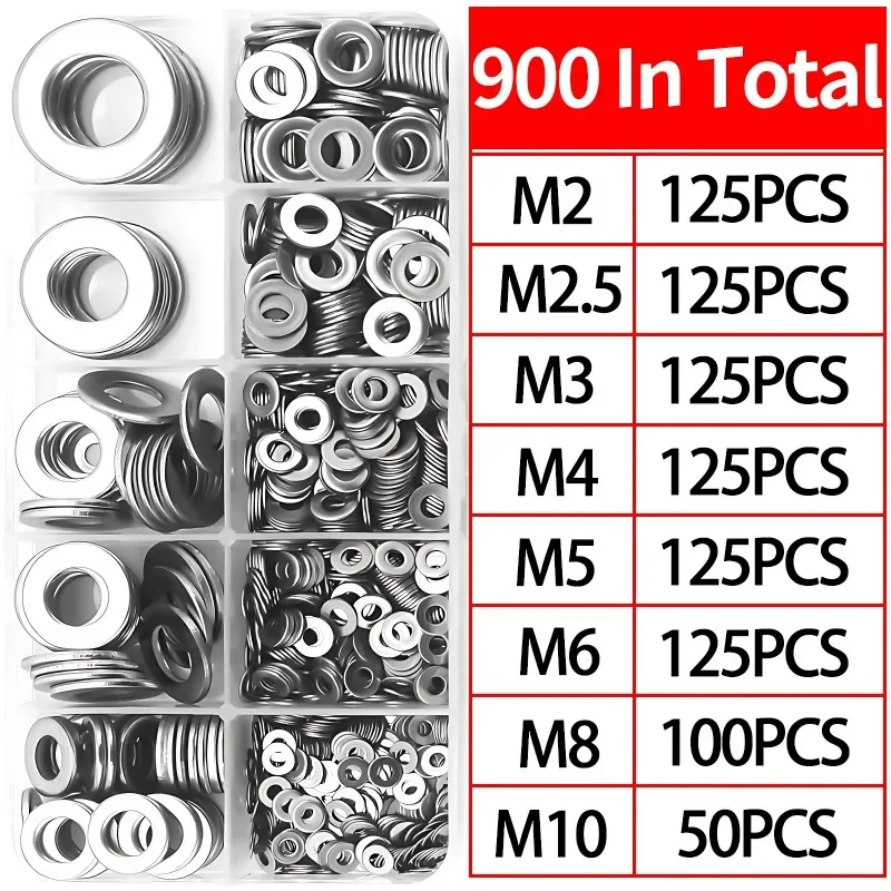 180/900PCS Stainless Steel Washer M2 M2.5 M3 M4 M5 M6 M8 M10 Metal Flat Washers Rings Plain Gaskets for Screw Assortment Kits