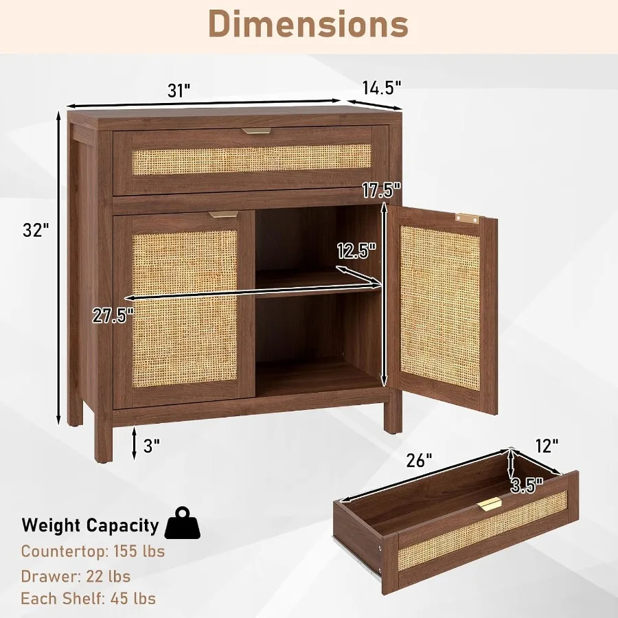 Boho buffet sideboard for kitchen, coffee bar, living room; rattan material; brown + natural color; 2-piece set with storage dr