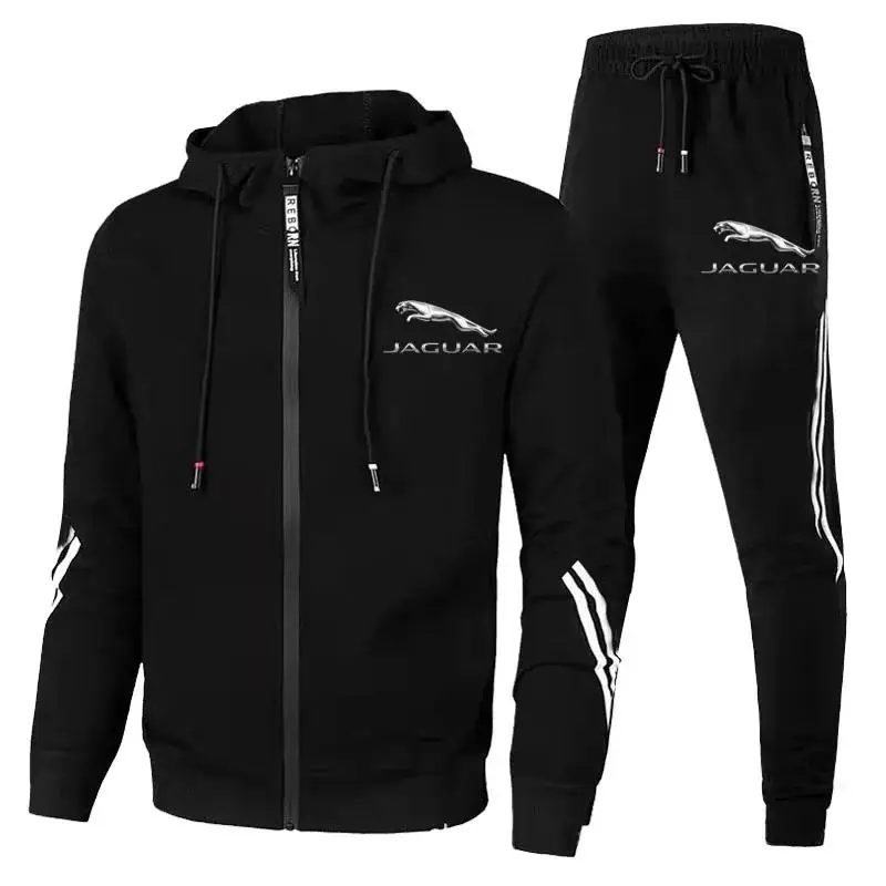 Men Jaguar Car Logo Print 2 Piece Sets Sportswear Zip Hooded Sweatshirt+Pants Gym Running Clothing 2024 New Tracksuit