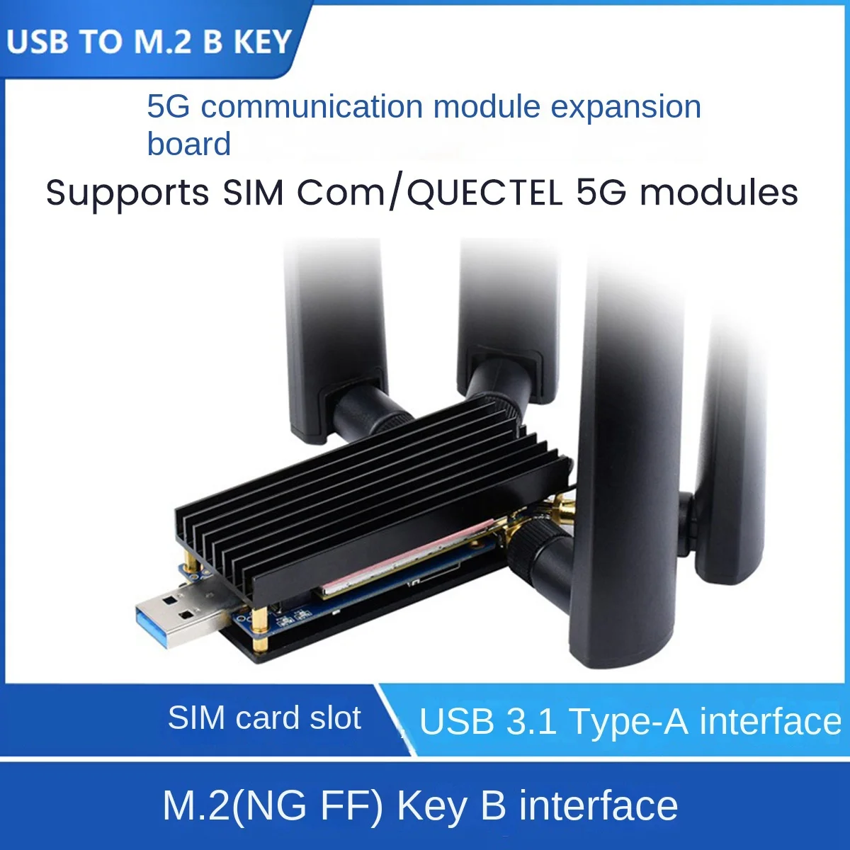 Waveshare 5G Dongle Expansion Board with Four Antenna USB3.1 Interface M.2 (NGFF) Key for Raspberry Pi Jetson Nano