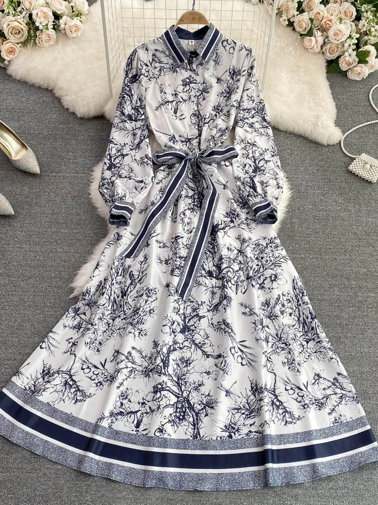 Primavera Auutmn elegante abito lungo donna colletto rovesciato stampa a-line abiti da festa Vintage manica lunga floreale abito lungo Vestidos