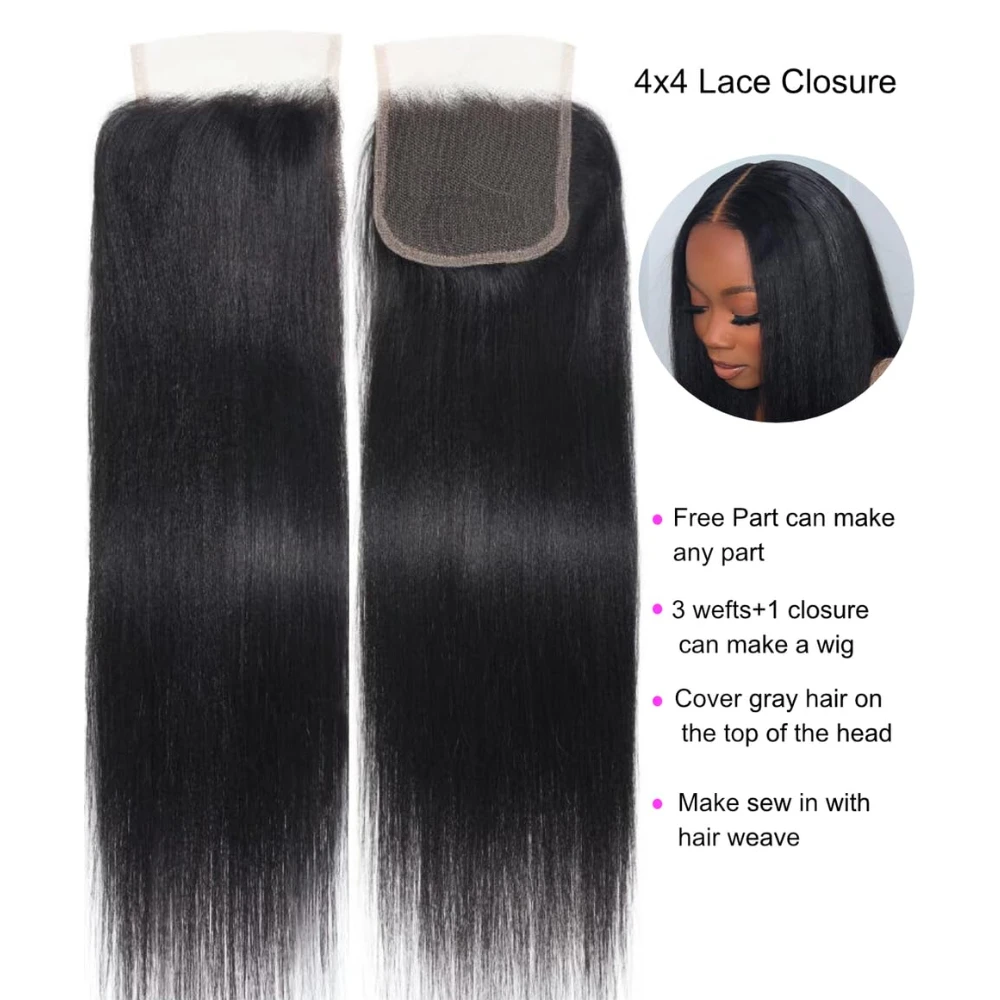Fotografia 6: Unice cabelo yaki feixes de cabelo humano reto 2/3/4 peças com 1 peça parte livre fechamento de renda 4x4 polegadas