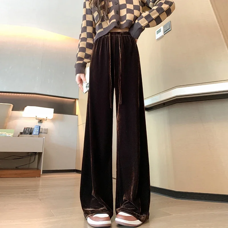 Pop automne hiver ample velours doré pantalon à jambes larges pour les femmes taille haute décontractée Baggy fille velours pantalon vêtements