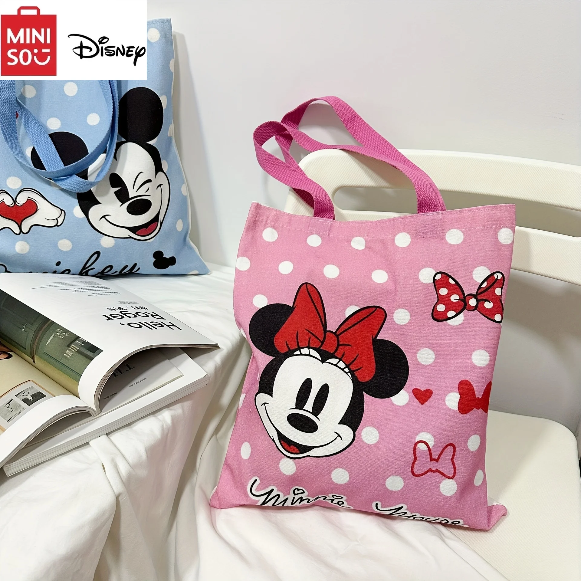 MINISO Disney Mickey e Minnie Cartoon borsa a tracolla in tela di grande capacità con motivo stampato creativo per le donne