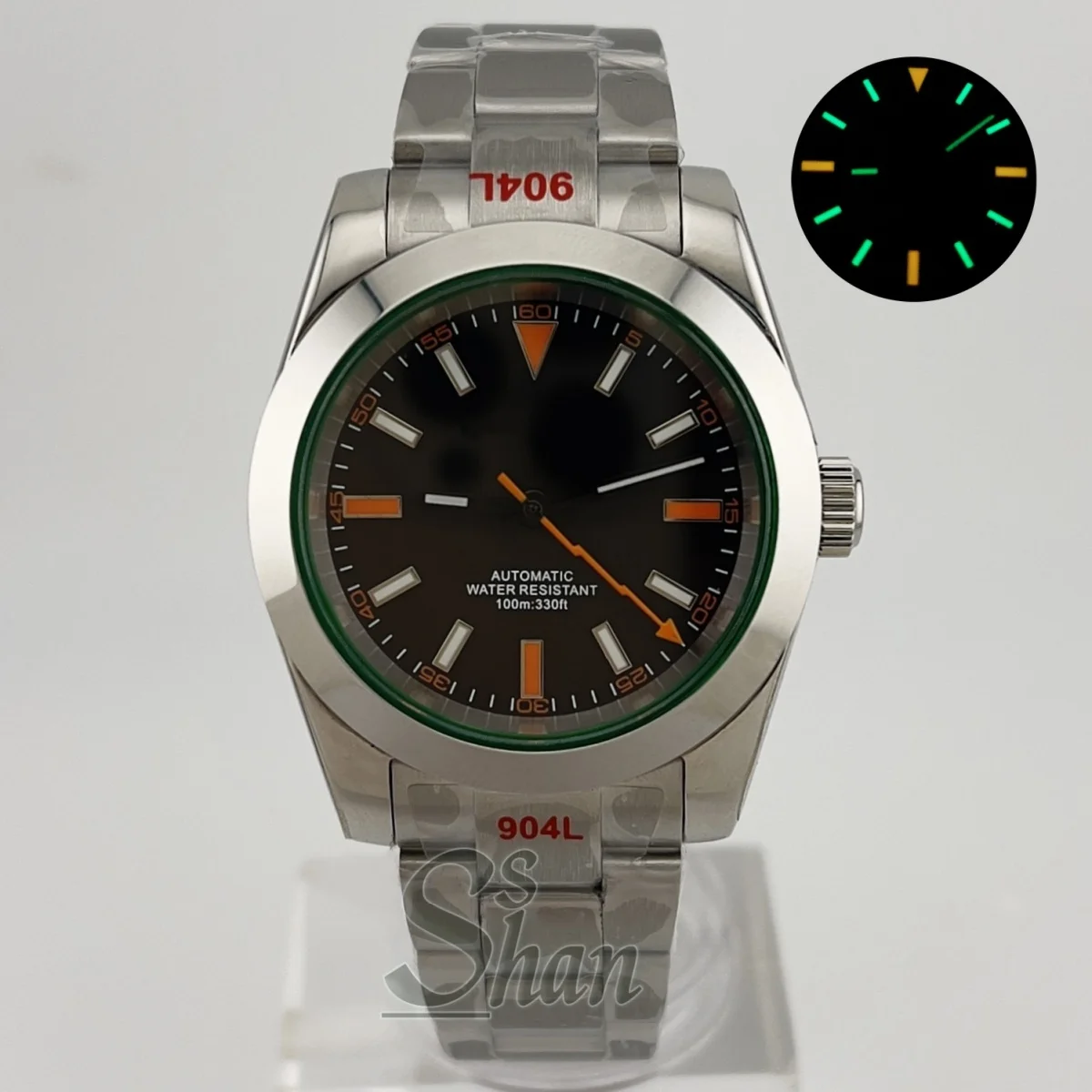 ساعة Mingzhu NH35A للرجال 36 ملم 39 ملم إطار داخلي أخضر زجاج الياقوت قرص أسود عقارب فضية سوداء برتقالية برق ثانية يد