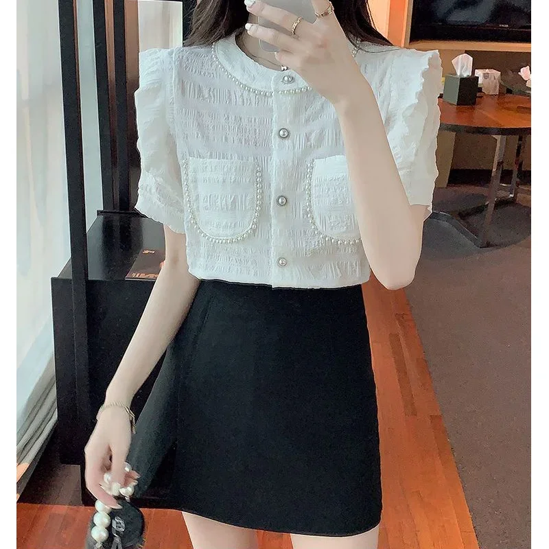 Sweet Temperament White Shirt Tops Short Sleeve O-neck Solid Color Pleated Fashion Blouse Korean Trend Women Clothing Summer New