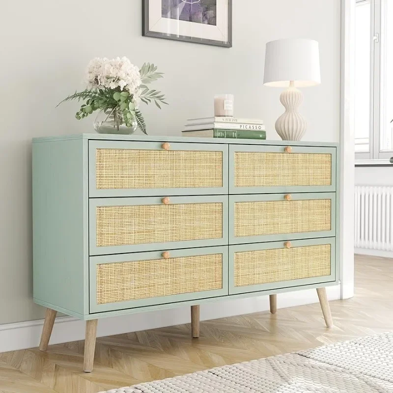 Mid-Century Modern Dresser with Hand-Woven Natural Rattan, Vintage Green Boho 6 Drawer Double Dresser with Wooden Legs