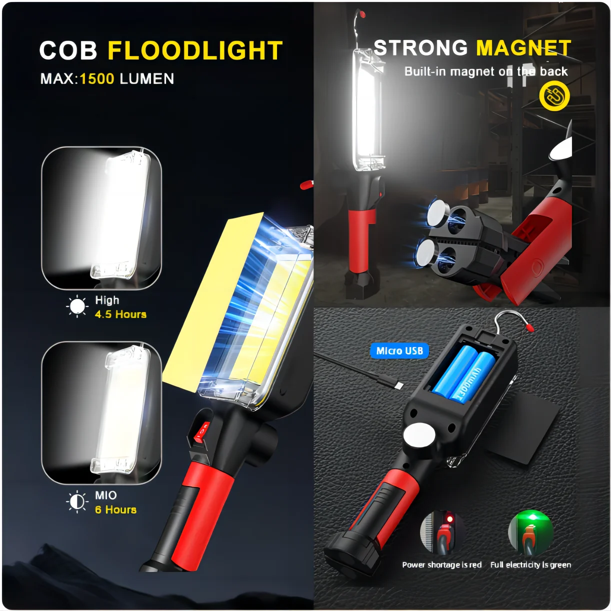 AliExpress 컬렉션 USB 충전식 COB 작업등, 휴대용 LED 손전등, 18650 조절 가능, 2 가지 모드 방수 자석, 1 개