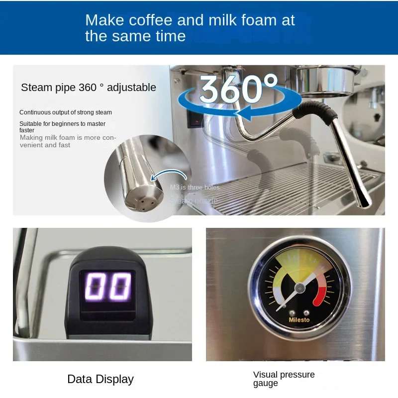Máquina de café semiautomática italiana em19m3, m2, bomba dupla, doméstica, três furos, máquina de desenho a vapor independente