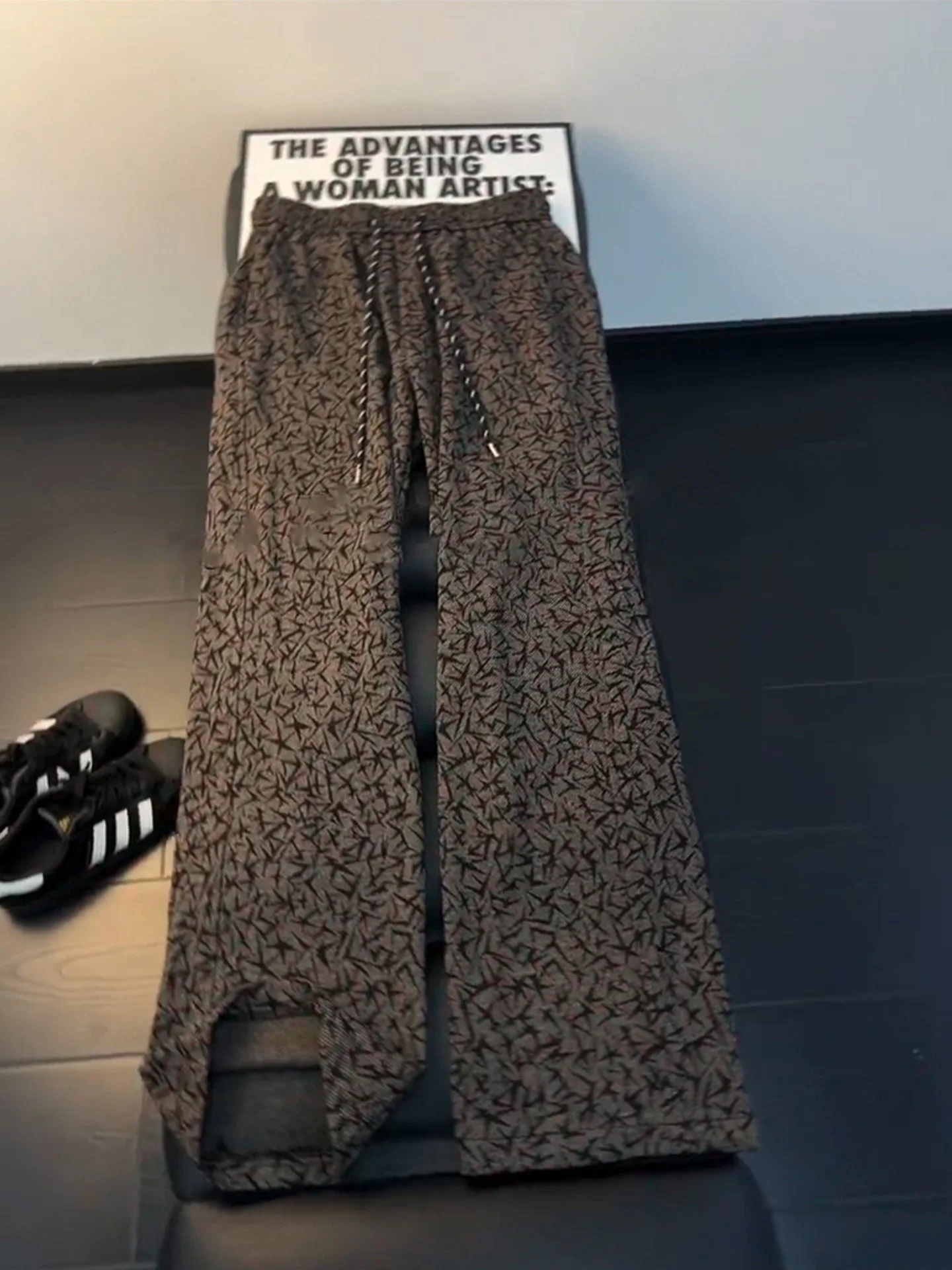 Retro American Style Casual Pants Men's Khaki Floral Embroidery Straight Leg Elastic Waist Autumn Fashion Trendy Straight Pants