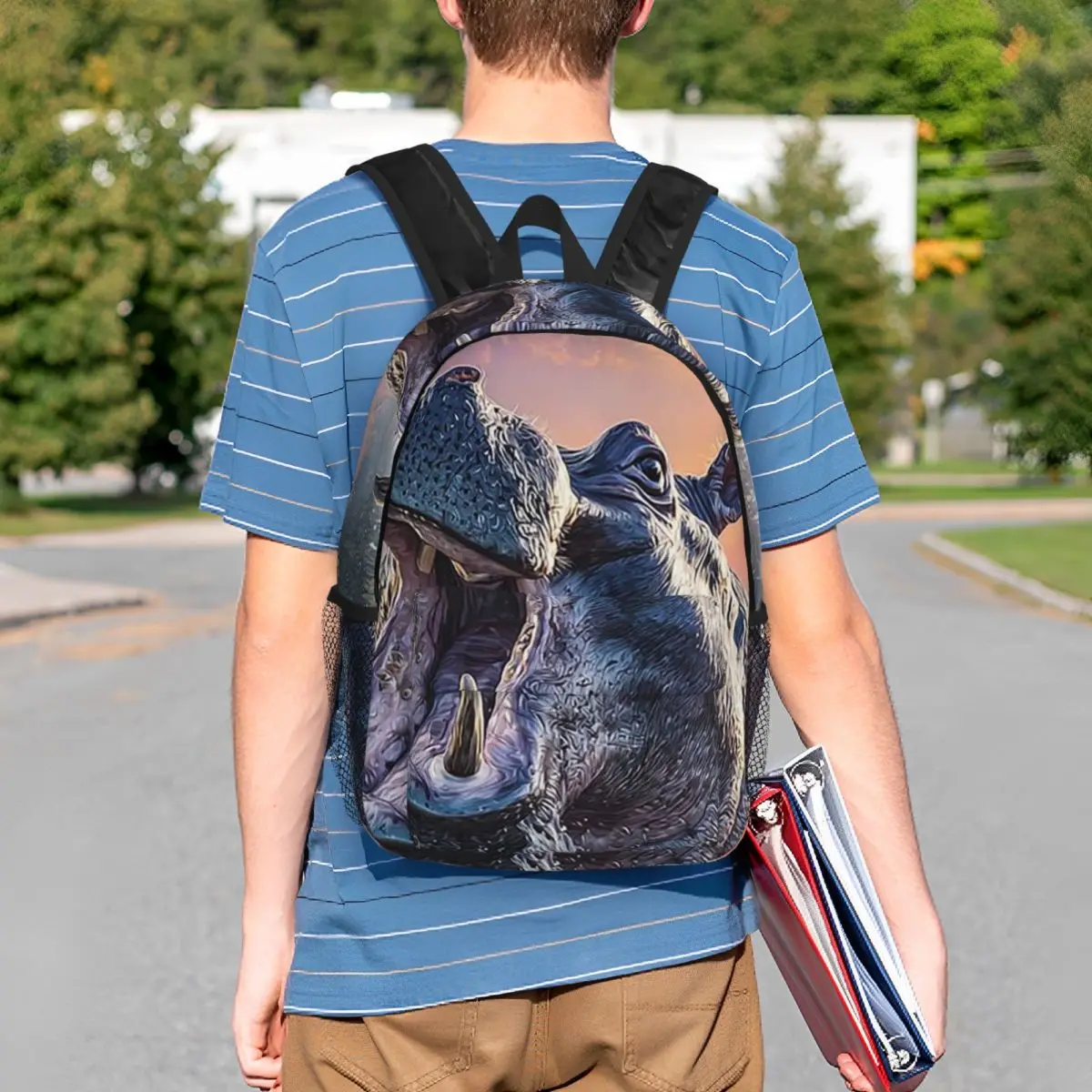 Heavy Hippo Face Realistic Backpack Student BookBag Kids School Bag Computer Shoulder Bags for Boys Girls