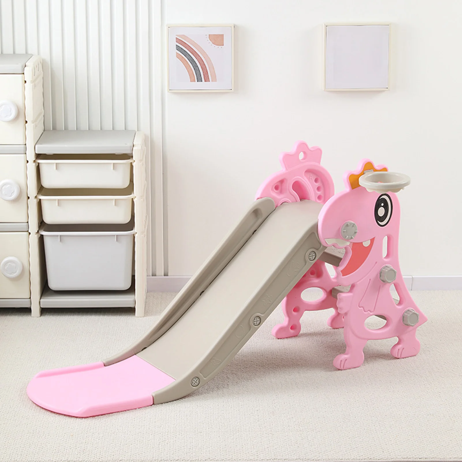 Glissière pour enfants en forme de dinosaure, escaliers antidérapants pliables, Structure Stable pour tout-petits, avec panier de basket-ball, grimpeur pour la maison