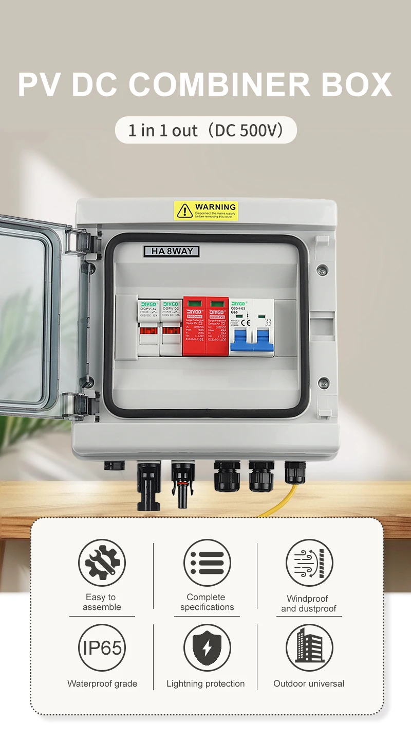 PV-Kombinator-Box, DC 500 V, 1 Eingang, 1 Ausgang mit Überspannung, Blitzschutz, DC-Sicherung, MCB, SPD, Solar-Photovoltaik, IP65 wasserdichte Box – Detail 1