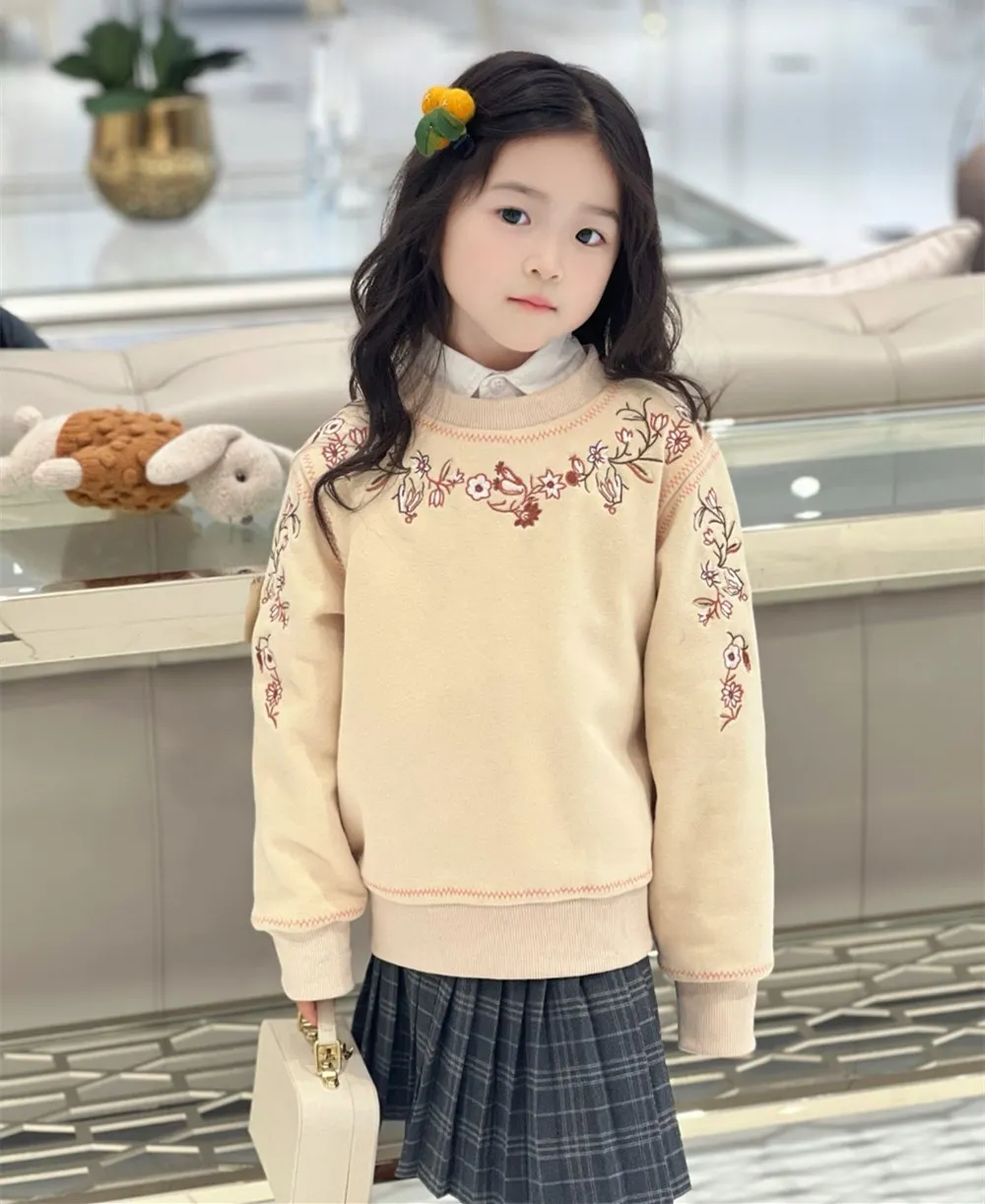 kids girls clothes baby tops Handmade vintage flower embroidery Sweatshirt Plucked loose comfortable clothes