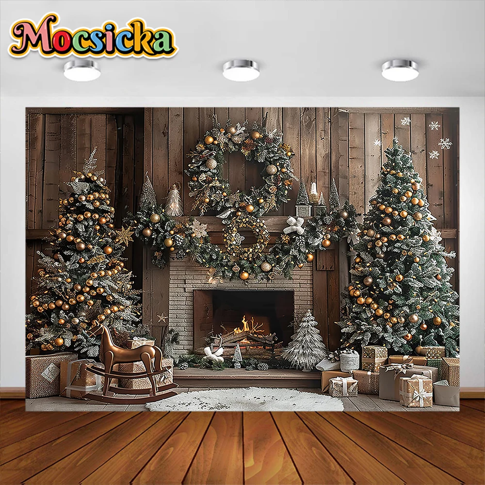 Christmas Fireplace Photography Background XMAS Tree Toy Rocking Horse Party Decoration Boy Girl photo Backdrop For Studio