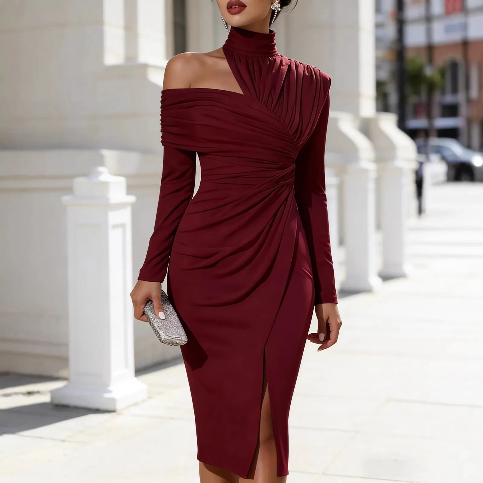 Women Elegant Off Shoulder Long Sleeve Slit Solid Color Asymmetrical Fitted Dress for Wedding Guest Party Prom Wedding Party