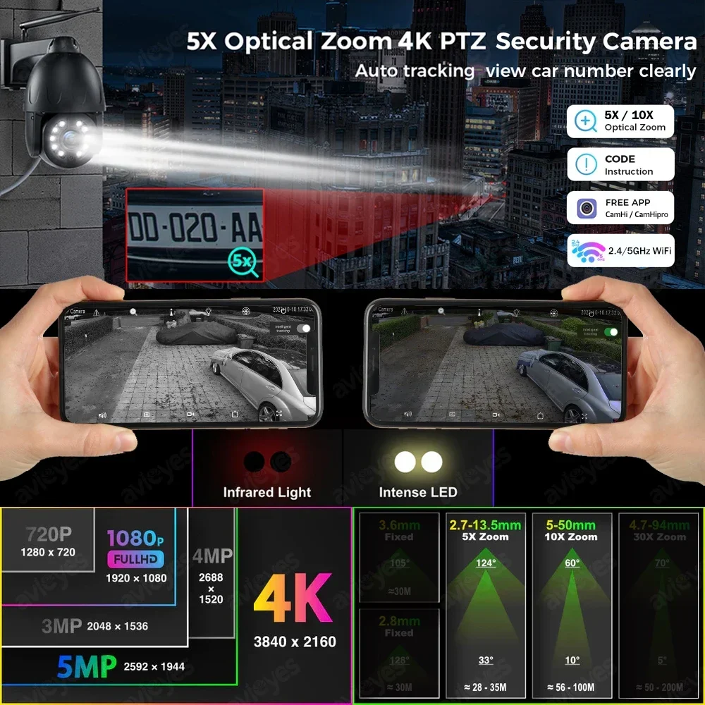 4K 8MP Outdoor PTZ IP Camera 5X/10X Optical Zoom Human/Vehicle Detection WiFi Security Camera Color Night Vision Auto Tracking