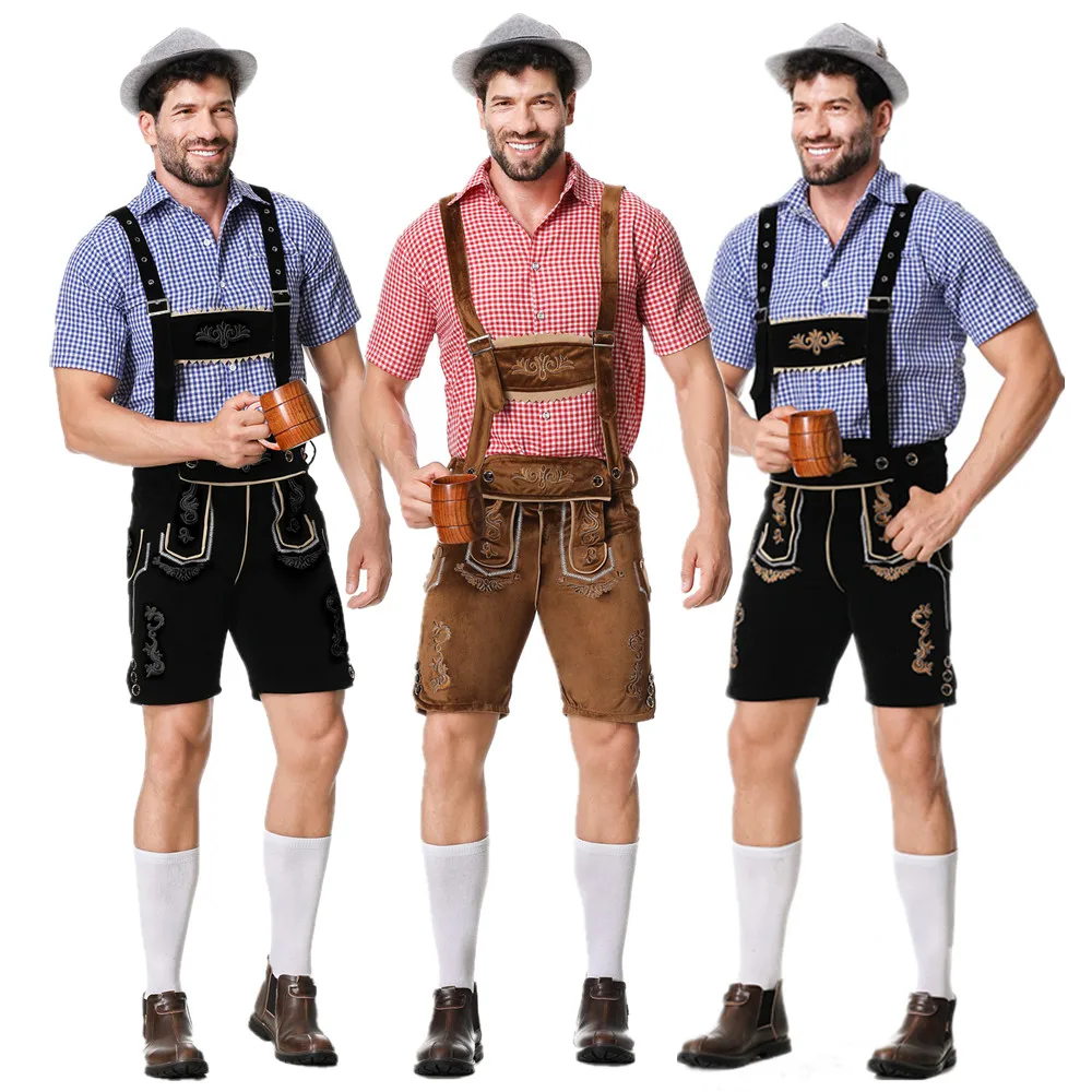 Male Oktoberfest Lederhosen Costume Bavarian Octoberfest German Beer Costume Shirt Suspender Shorts Hat Halloween Cosplay Outfit