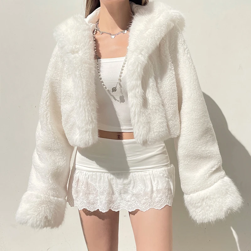 HEYounGIRL Casaco com capuz de pele sintética moda feminina high street fofo branco jaqueta de neve inverno quente fino outwear elegante roupas femininas